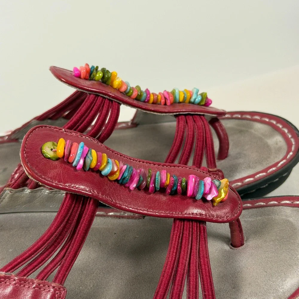 Alegria Red Leather Beaded Sandals PIS-615 Womens 39 Multi-Color Boho Slide